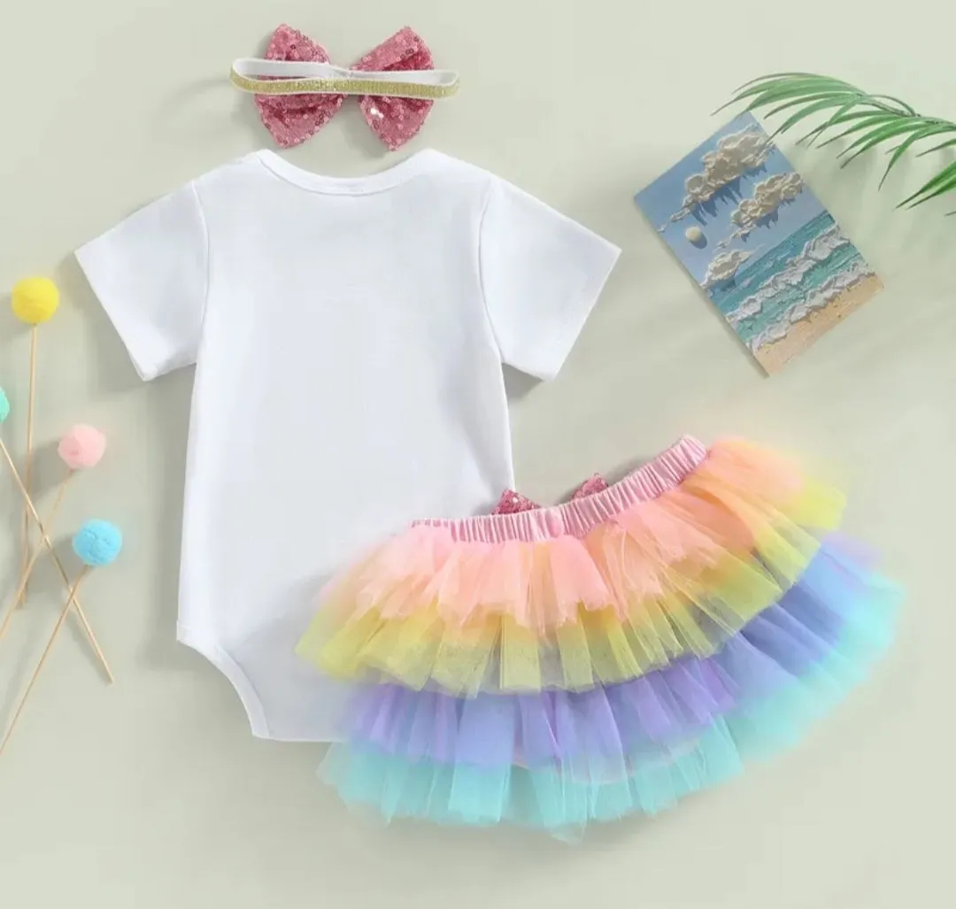 1/2 Birthday Rainbow Romper with Rainbow Ruffle Bloomer and Headband #1001174