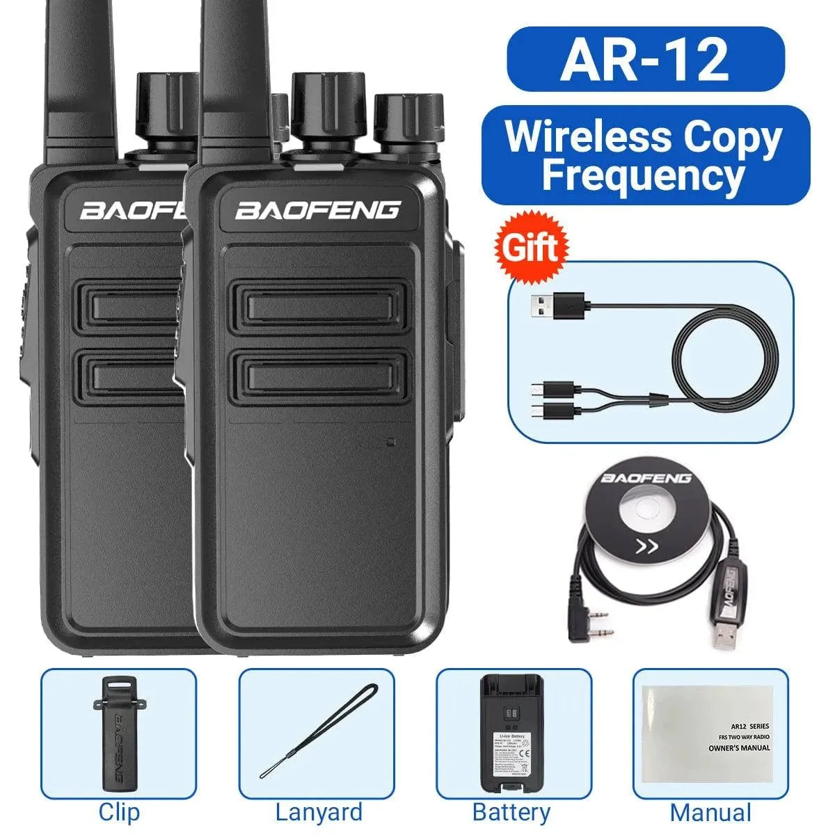 2PCS Baofeng AR-12 Mini Walkie Talkie Wireless Copy Frequency UHF 400-470MHz Type-C USB Long Range For BF-888S Two Way Ham Radio