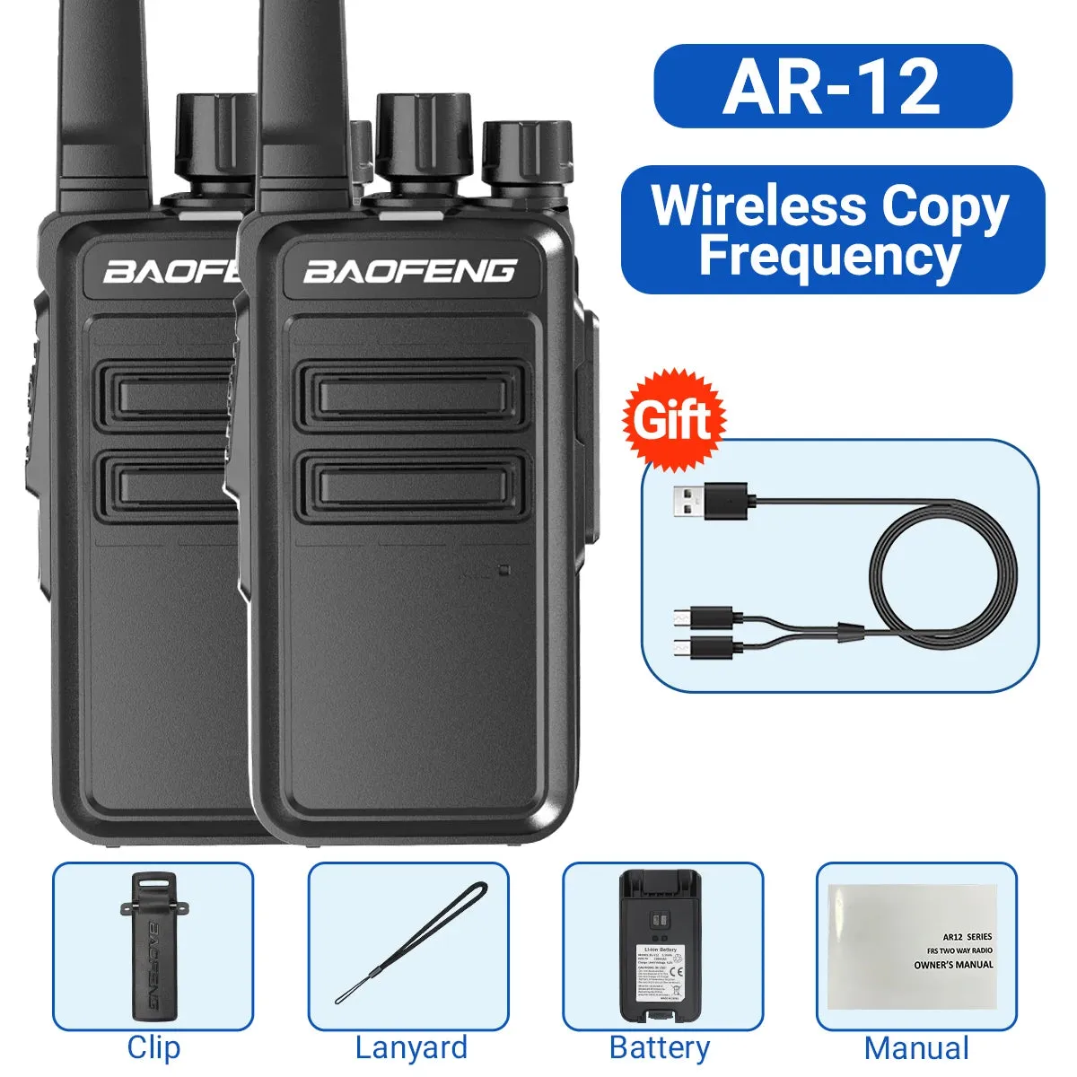 2PCS Baofeng AR-12 Mini Walkie Talkie Wireless Copy Frequency UHF 400-470MHz Type-C USB Long Range For BF-888S Two Way Ham Radio