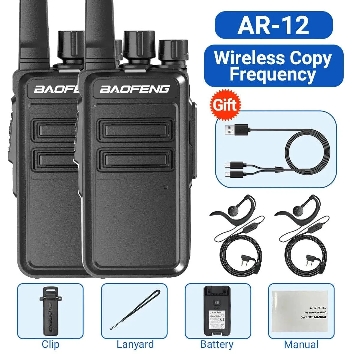 2PCS Baofeng AR-12 Mini Walkie Talkie Wireless Copy Frequency UHF 400-470MHz Type-C USB Long Range For BF-888S Two Way Ham Radio