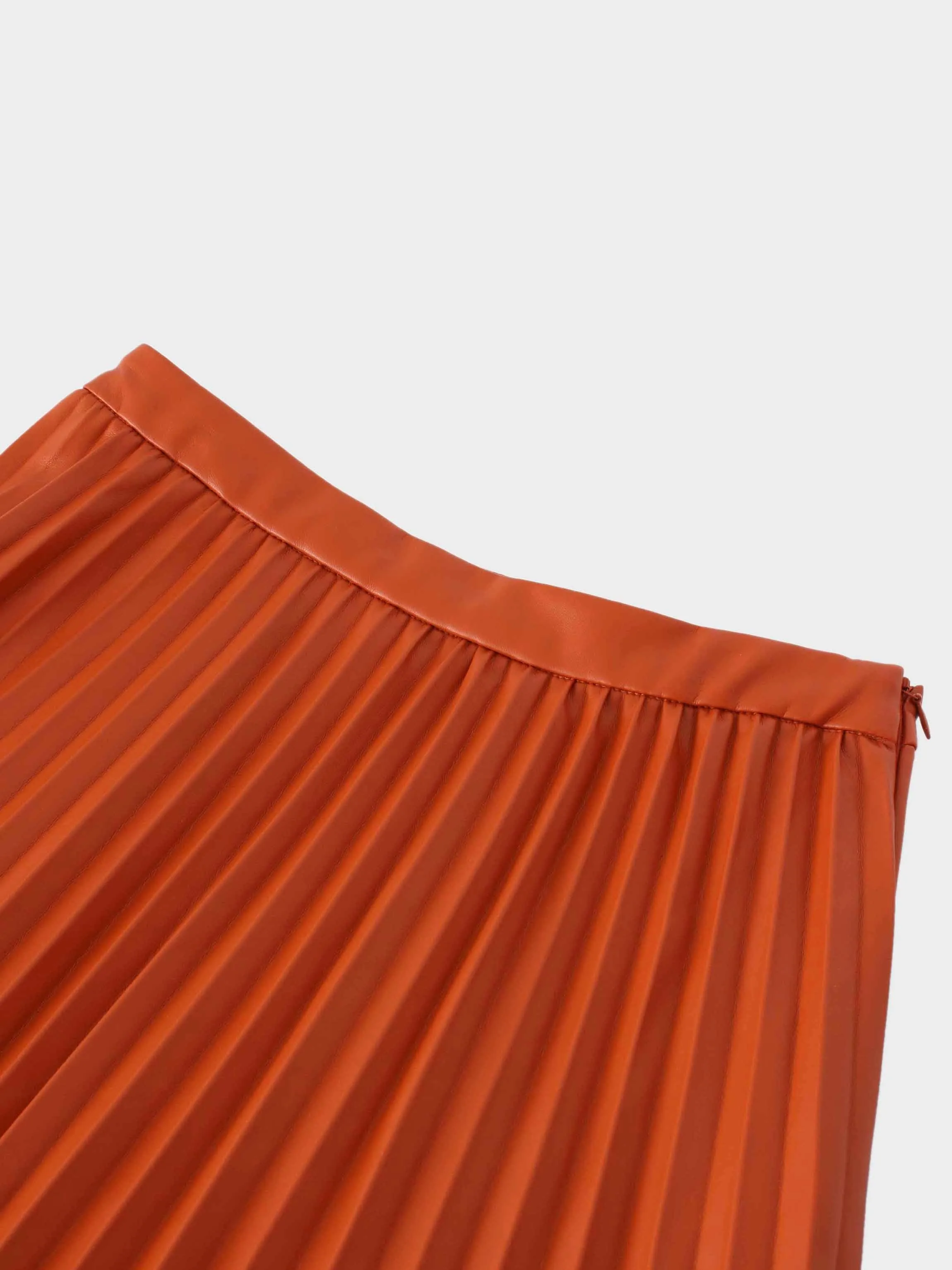 Accordion Pleated Faux Leather Skirt-Cognac