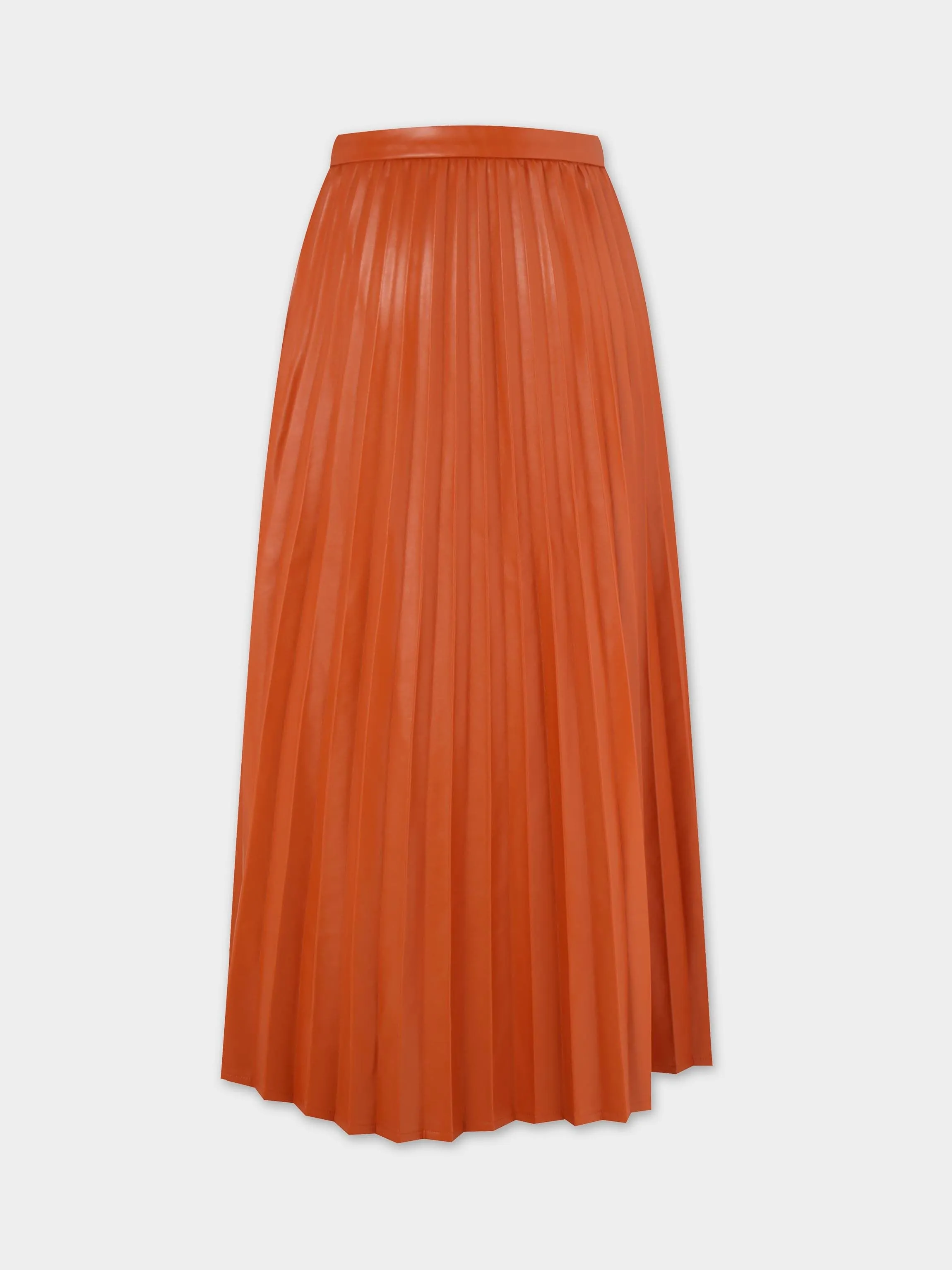 Accordion Pleated Faux Leather Skirt-Cognac