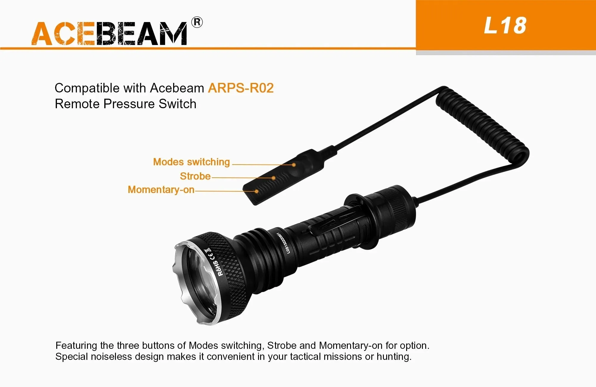 Acebeam L18 1500 Lumen 250k Candela Hunting Flashlight - OPEN BOX