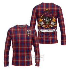 Ainslie Tartan Long Sleeve T-Shirt with Family Crest and Bearded Skull Holding Bottles of Whiskey