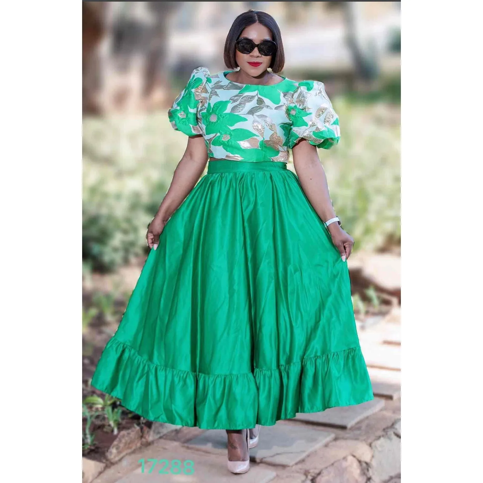 Ankara Puffy Sleeve Top & Pleated Midi Skirt Set