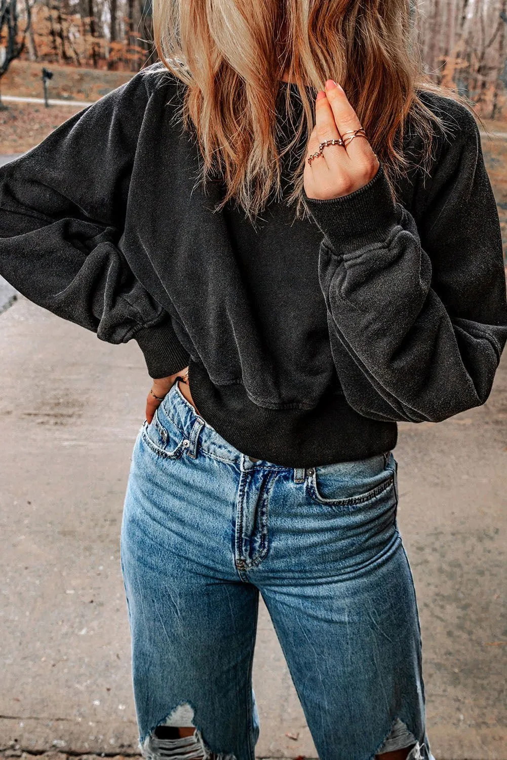 Black Casual One Strap V shape Open Back Sweatshirt