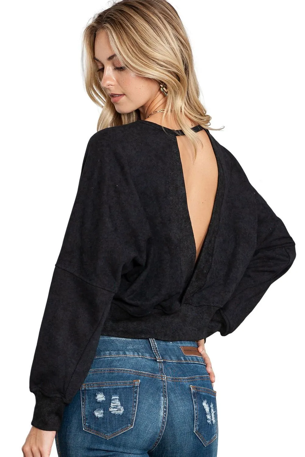 Black Casual One Strap V shape Open Back Sweatshirt