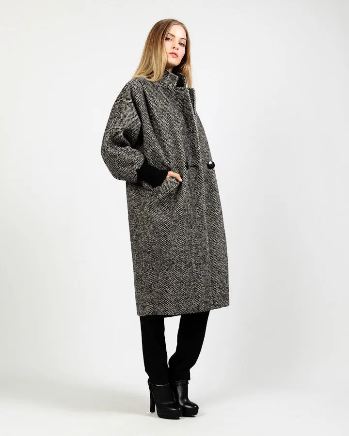 Black   White Tweed Wool Coat