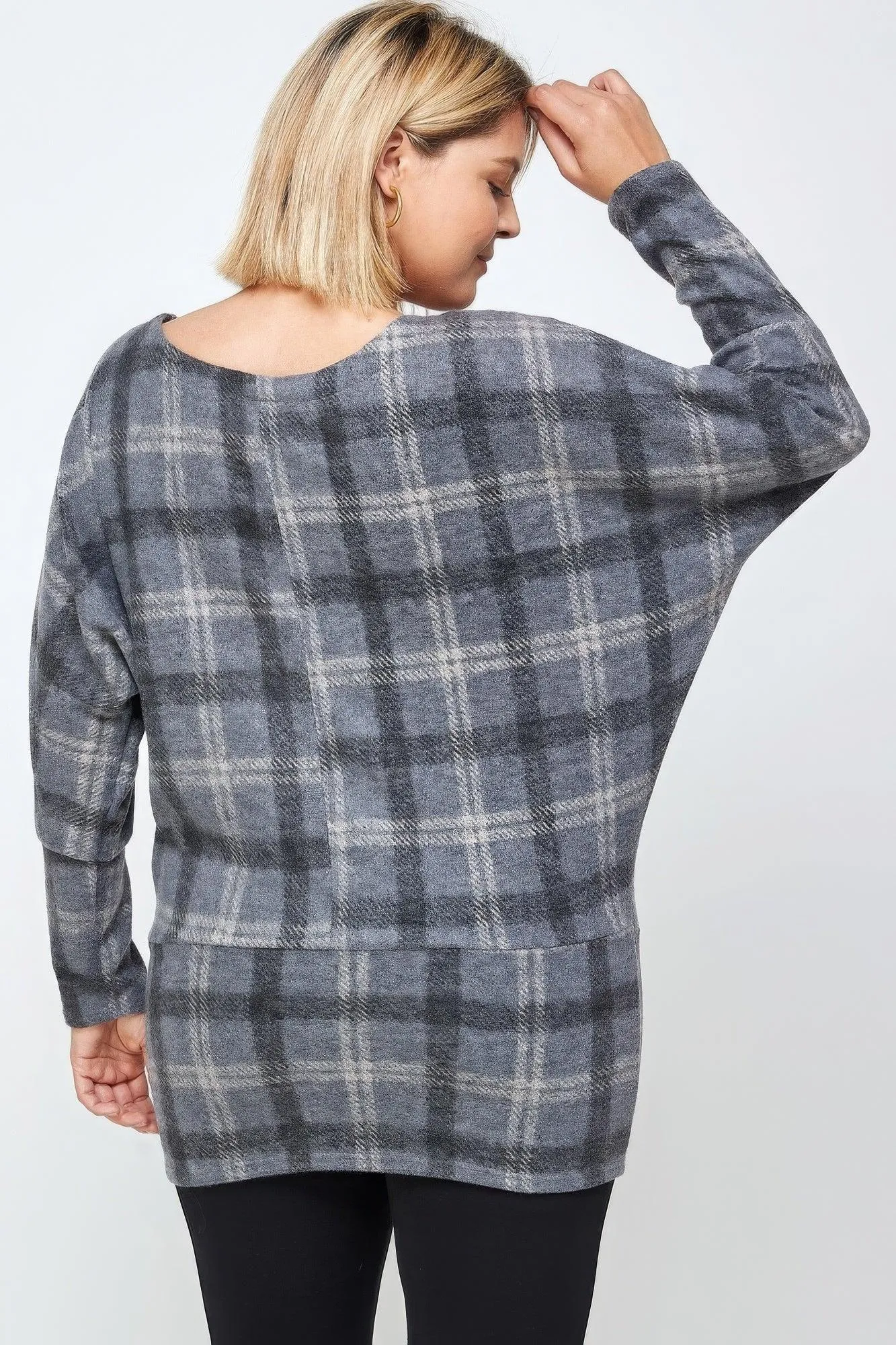 Boat Neck Plaid Top Long Dolman Sleeves