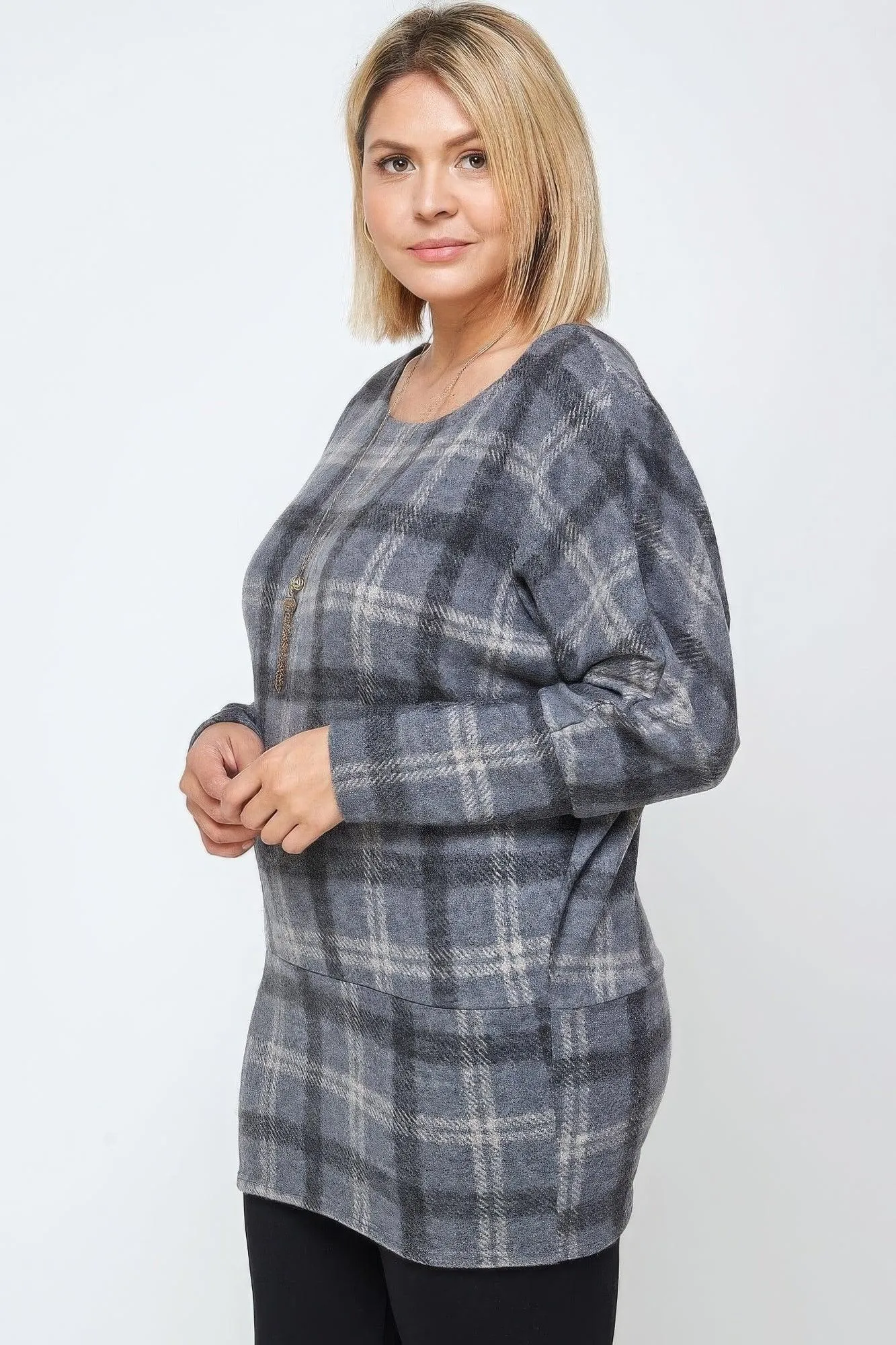 Boat Neck Plaid Top Long Dolman Sleeves