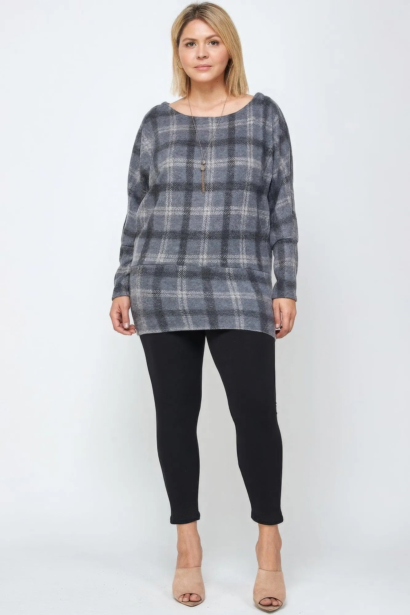 Boat Neck Plaid Top Long Dolman Sleeves