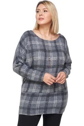 Boat Neck Plaid Top Long Dolman Sleeves