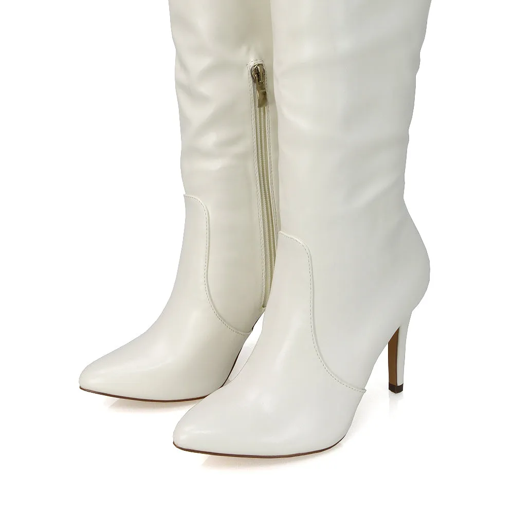 Bree Pointed Toe Zip-up Stiletto Heel Knee High Boots in White Synthetic Leather