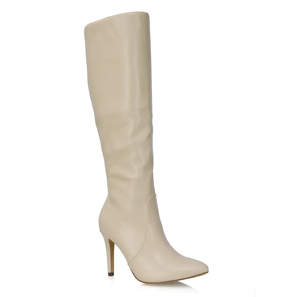 Bree Pointed Toe Zip-up Stiletto Heel Knee High Boots in White Synthetic Leather