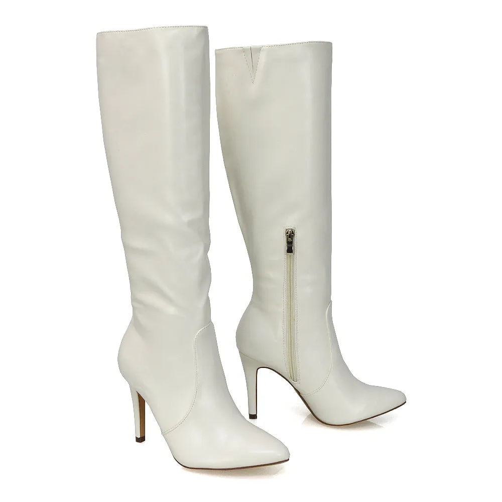 Bree Pointed Toe Zip-up Stiletto Heel Knee High Boots in White Synthetic Leather