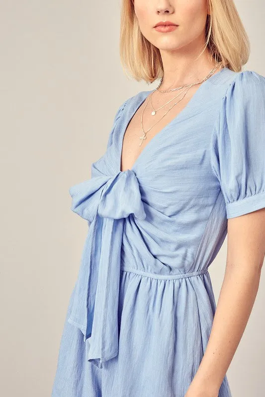 Chambray Blue Deep V-Neck Front Tie Romper