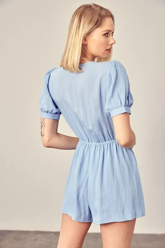 Chambray Blue Deep V-Neck Front Tie Romper