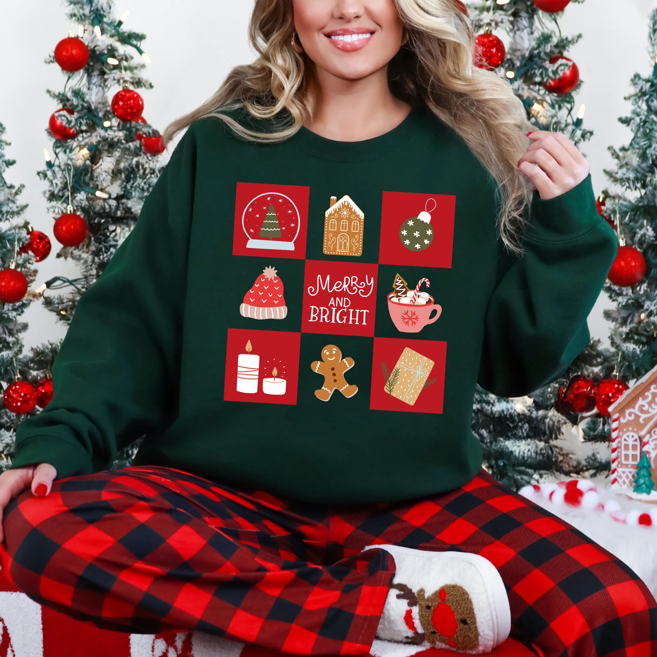 Checkered Merry and Bright on Forest Green Gildan Heavy Blend Sweatshirt