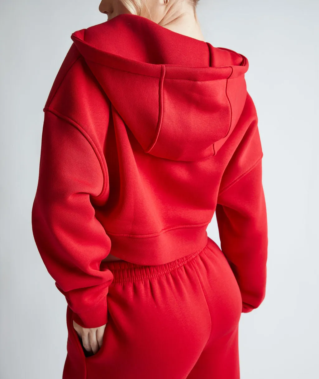 Cropped Zip Through Hoodie - Red