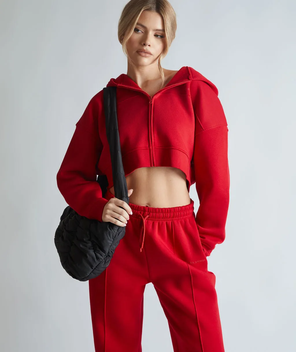 Cropped Zip Through Hoodie - Red