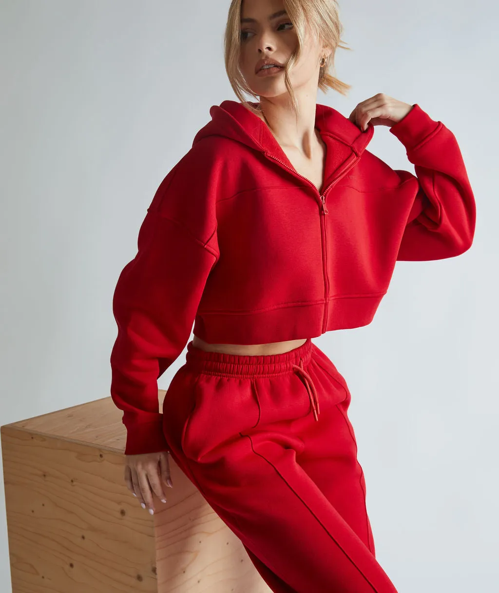 Cropped Zip Through Hoodie - Red