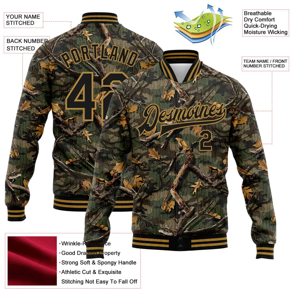 Custom Camo Black-Old Gold Classic Wood Camouflage 3D Bomber Full-Snap Varsity Letterman Salute To Service Jacket