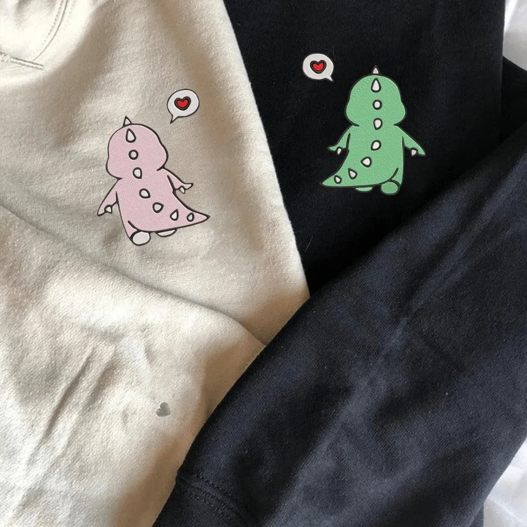 Cute Dinosaur Matching Couple Hoodies - Custom Embroidered Sweatshirts For Couples