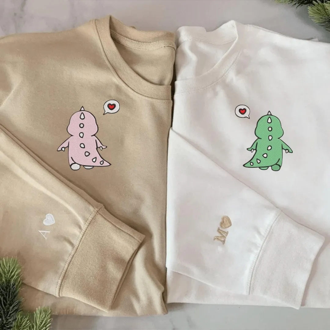 Cute Dinosaur Matching Couple Hoodies - Custom Embroidered Sweatshirts For Couples