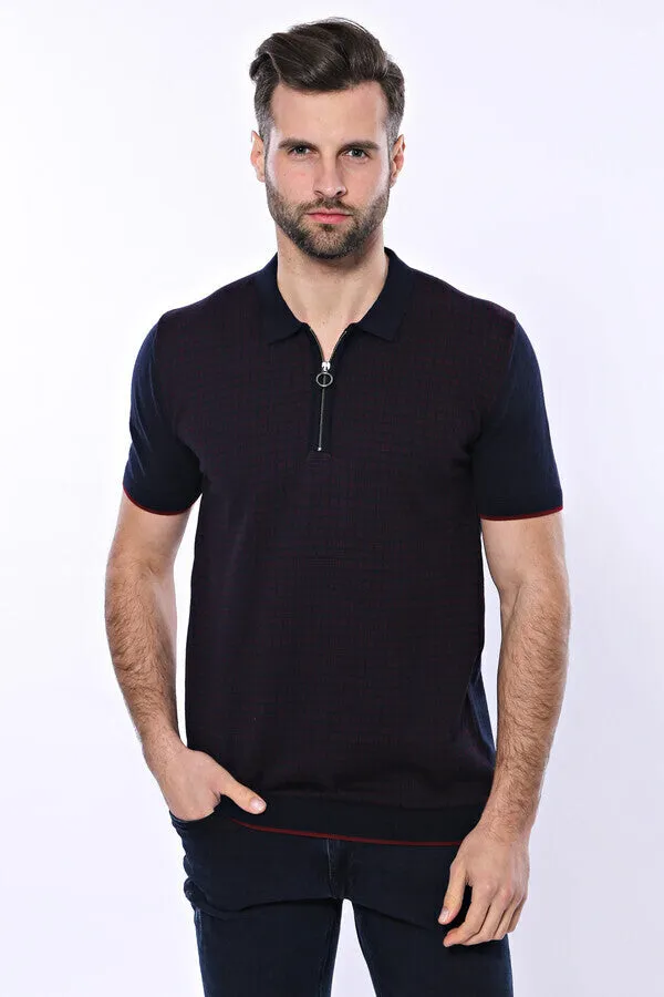 Dark Blue Plaid Zippered Knitted Polo T-Shirt - Wessi