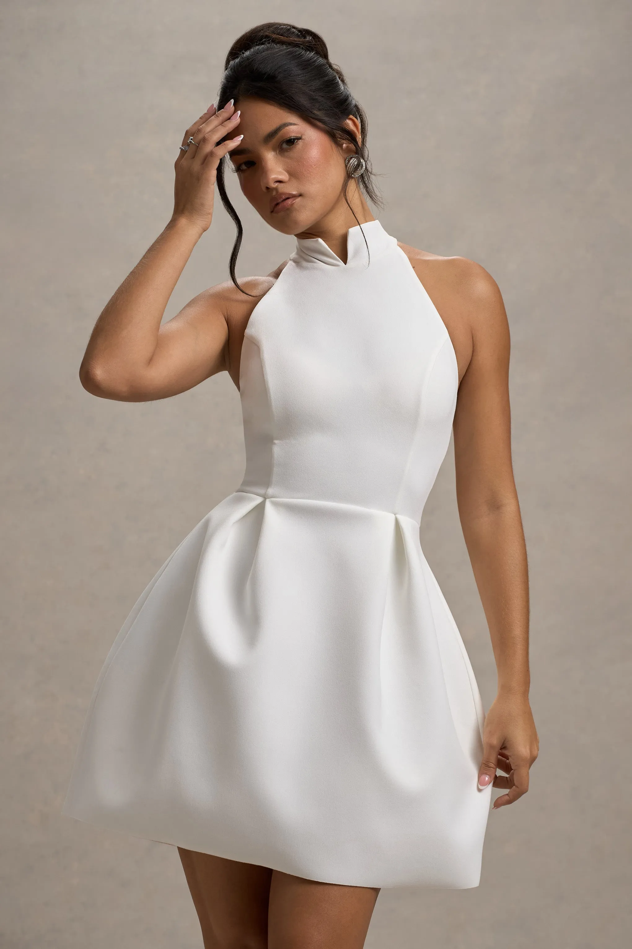 Dottie | White High-Neck Mini Dress With Pleated Skirt