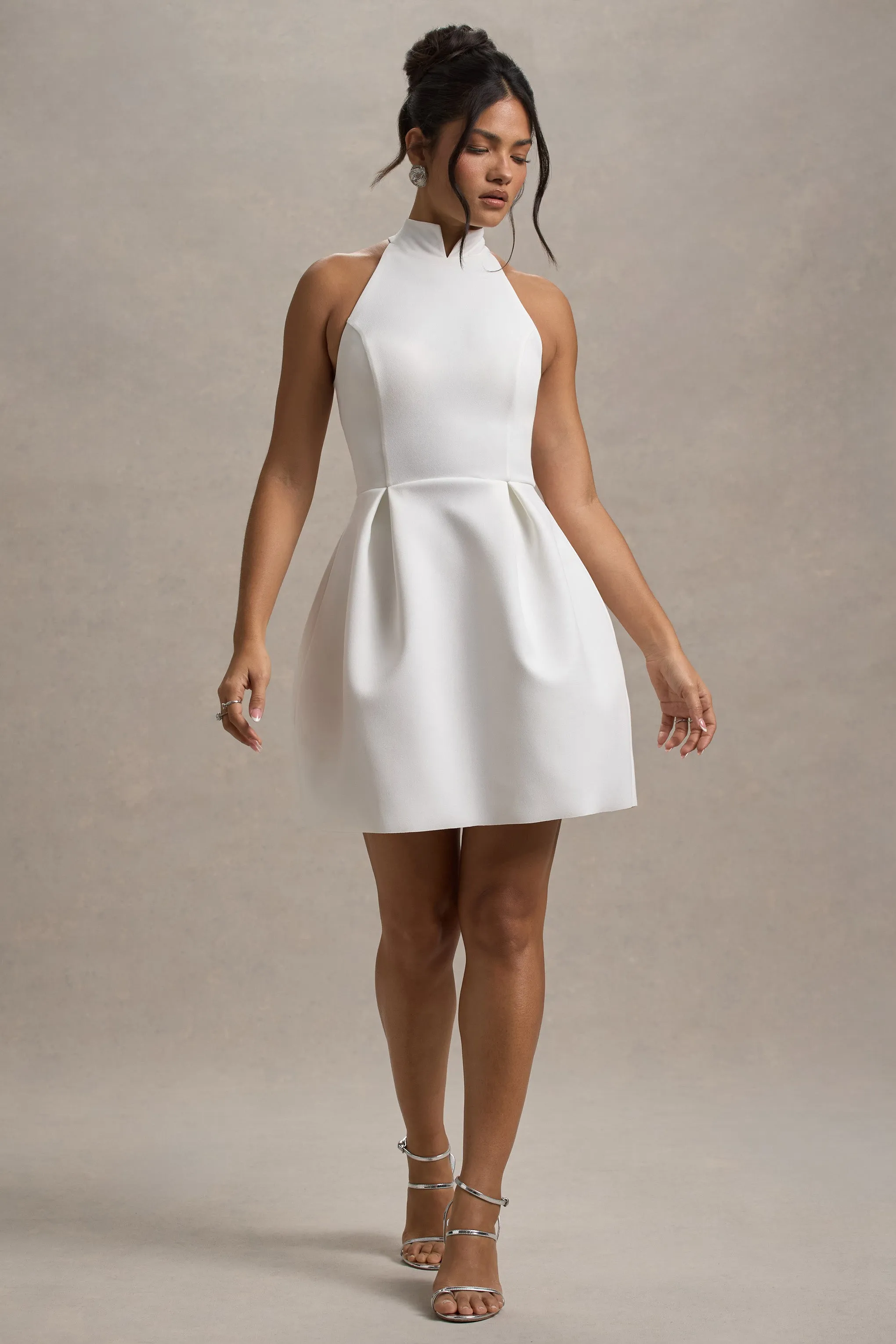 Dottie | White High-Neck Mini Dress With Pleated Skirt