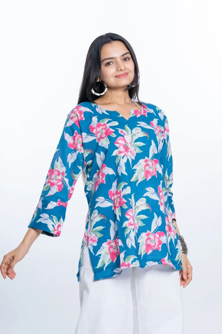 Ekisha's women everyday blue multicolor printed cotton tunic top short kurti