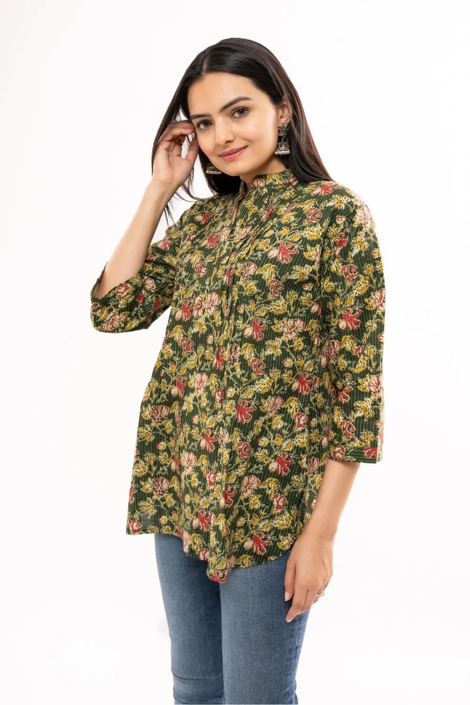 Ekisha's women green floral printed kantha cotton tunic top short kurti