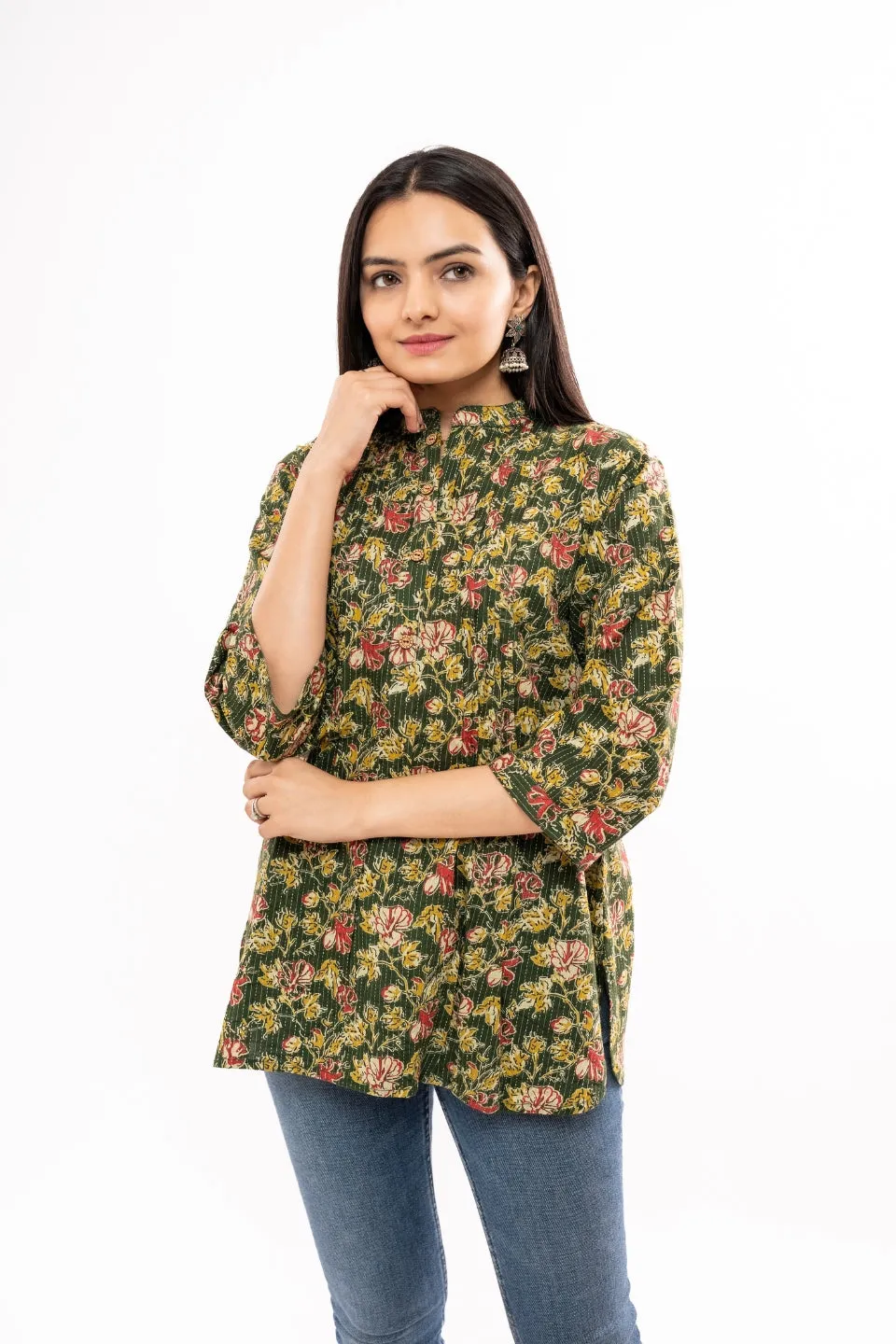 Ekisha's women green floral printed kantha cotton tunic top short kurti