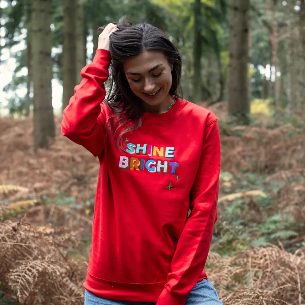 Embroidered Shine Bright Christmas Sweatshirt in Red