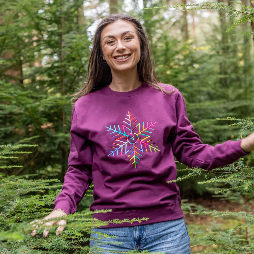 Embroidered Snowflake Christmas Sweatshirt in Plum