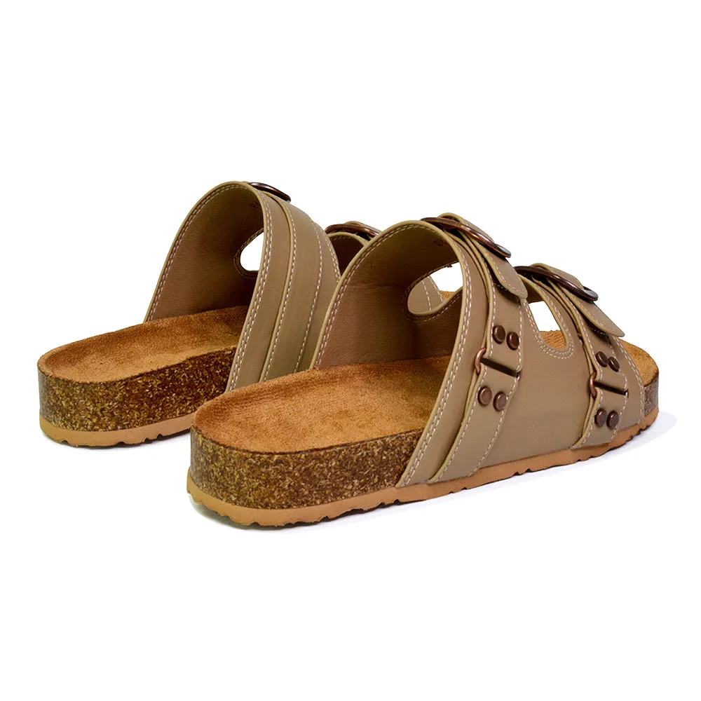 Evan Strappy Slip On Mule Summer Holiday Buckle Flat Sandals Sliders in Tan