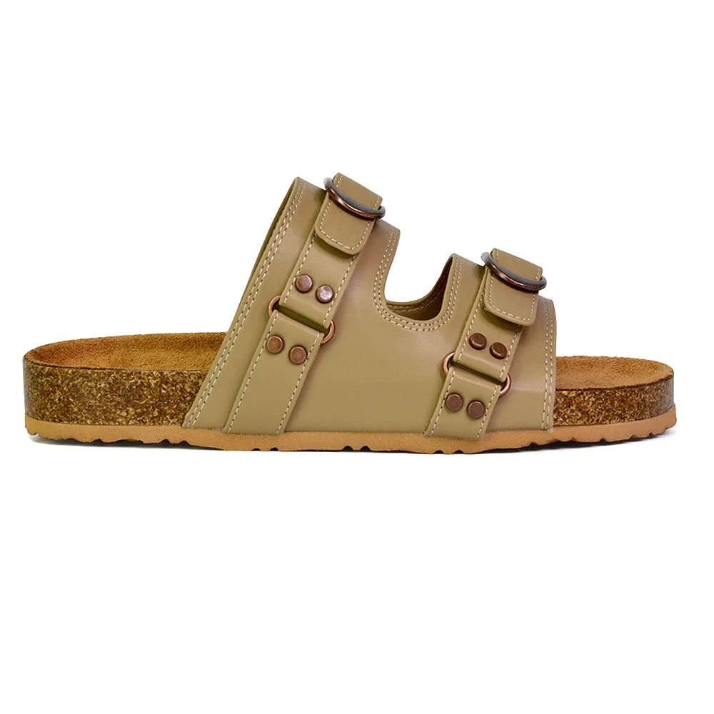 Evan Strappy Slip On Mule Summer Holiday Buckle Flat Sandals Sliders in Tan