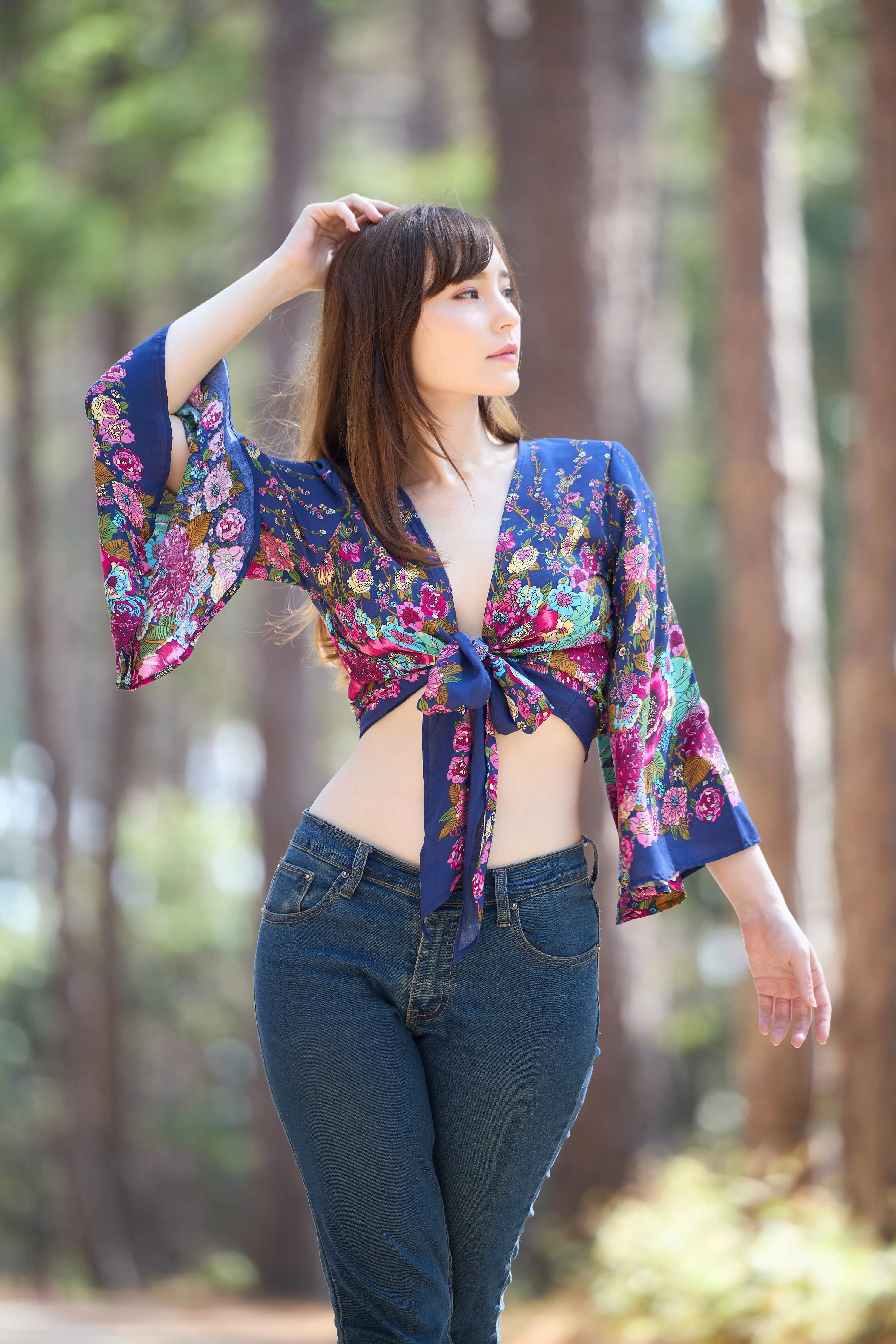 Flower Women Boho Wrap Top - Casual Shirt - Dark Blue