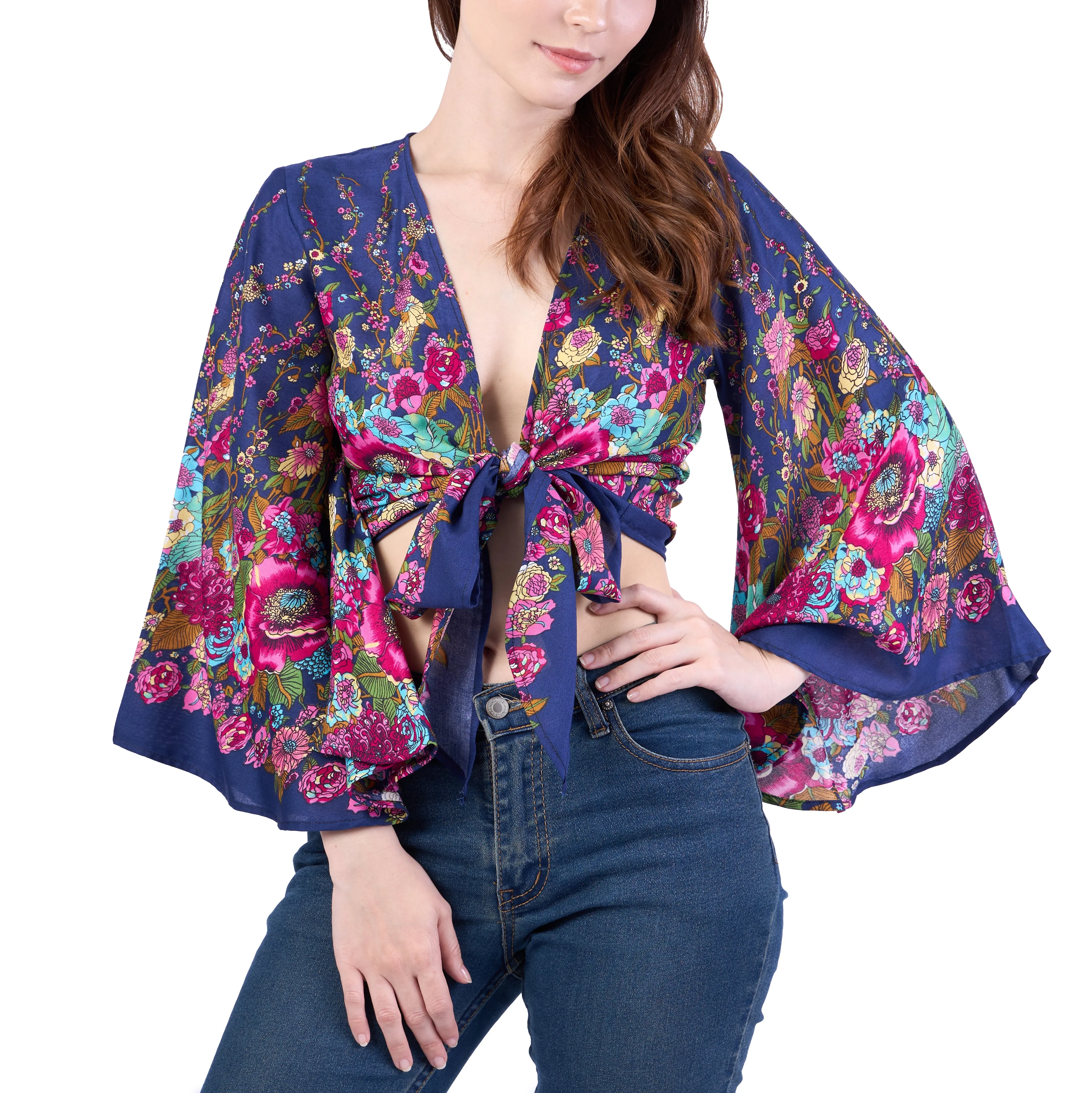 Flower Women Boho Wrap Top - Casual Shirt - Dark Blue