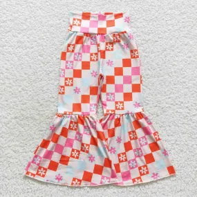 girl orange floral checkerboard print bell bottom pants P0263