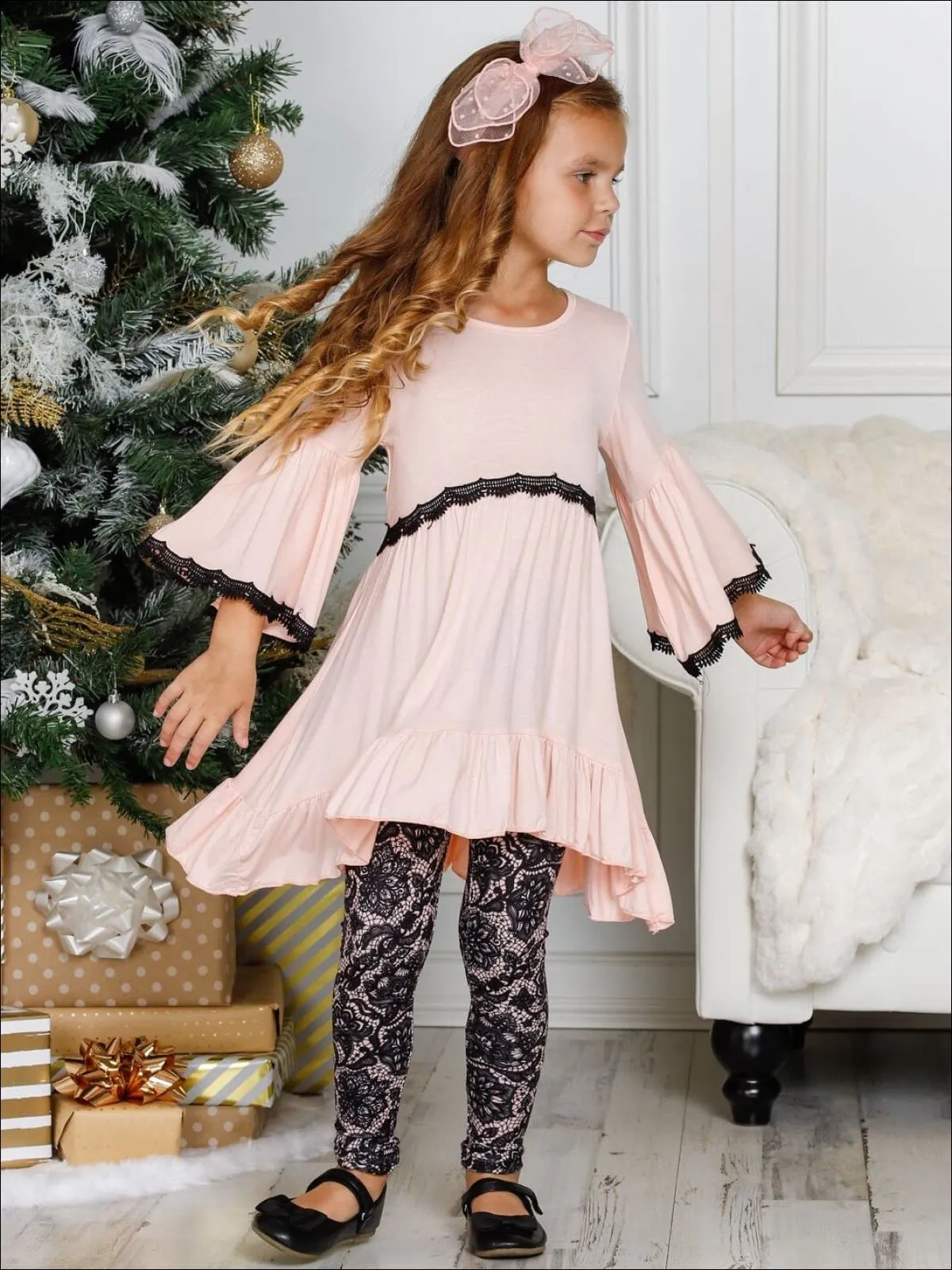 Girls Boho Sleeve Ruffled Trimmed Tunic And Printed Legging Set