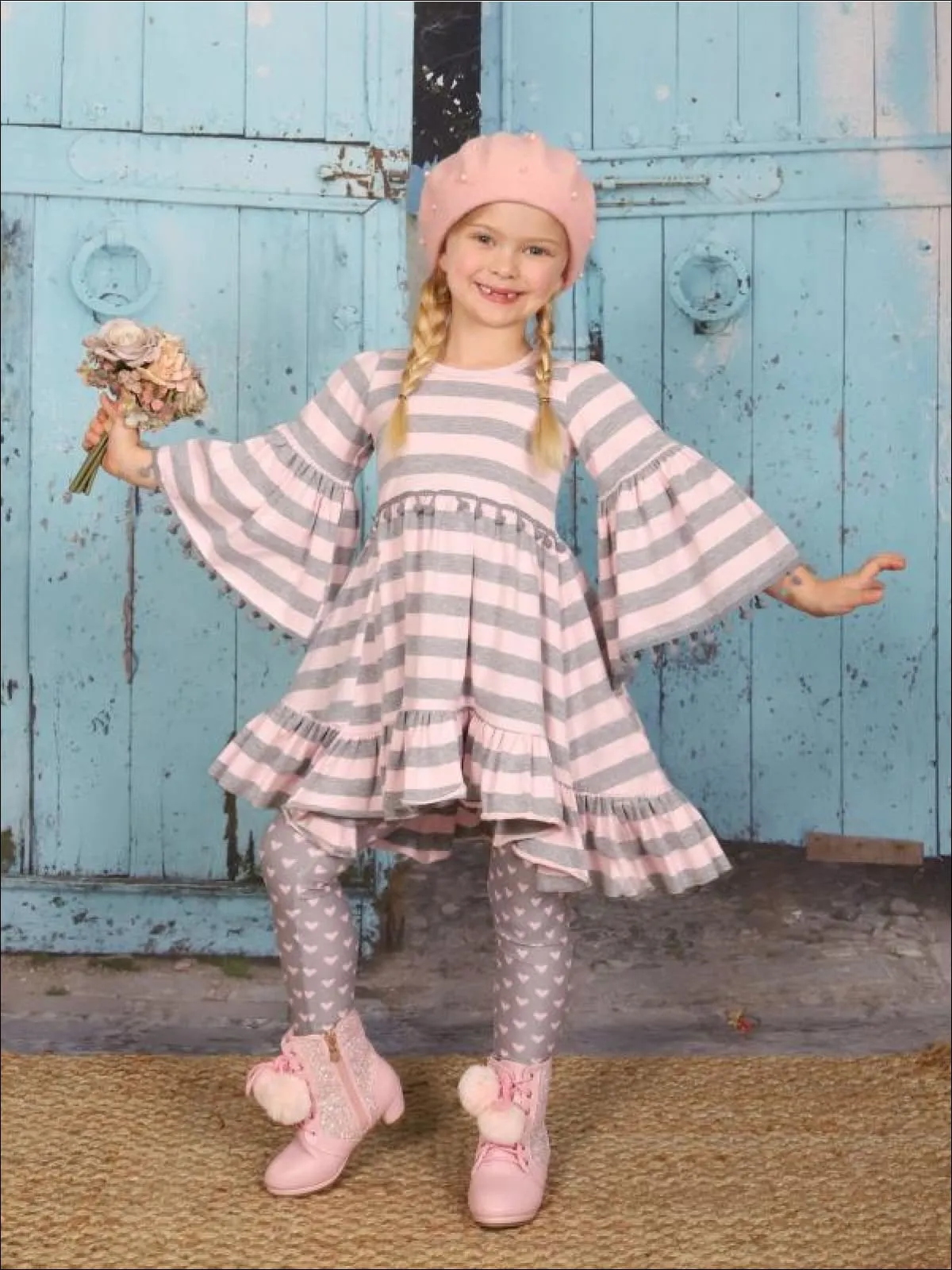 Girls Boho Sleeve Ruffled Trimmed Tunic And Printed Legging Set