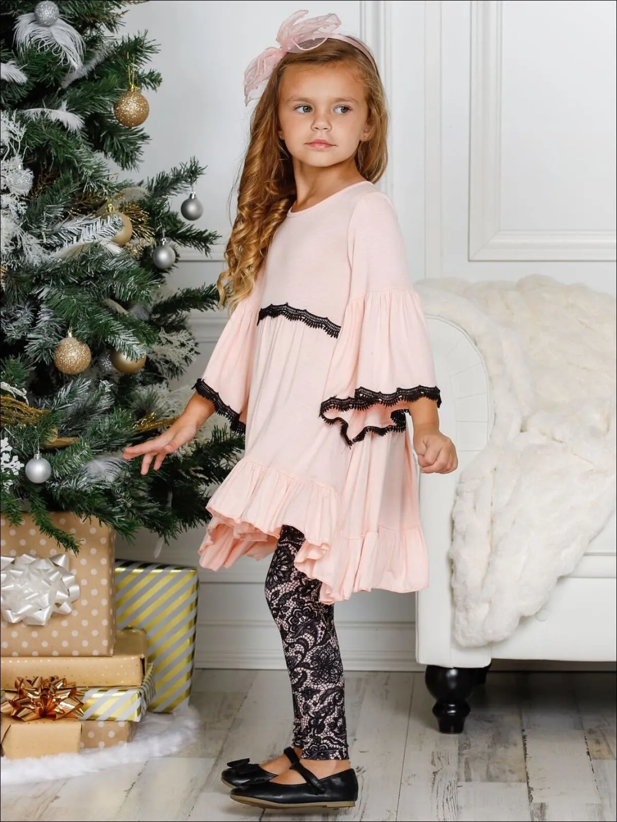 Girls Boho Sleeve Ruffled Trimmed Tunic And Printed Legging Set