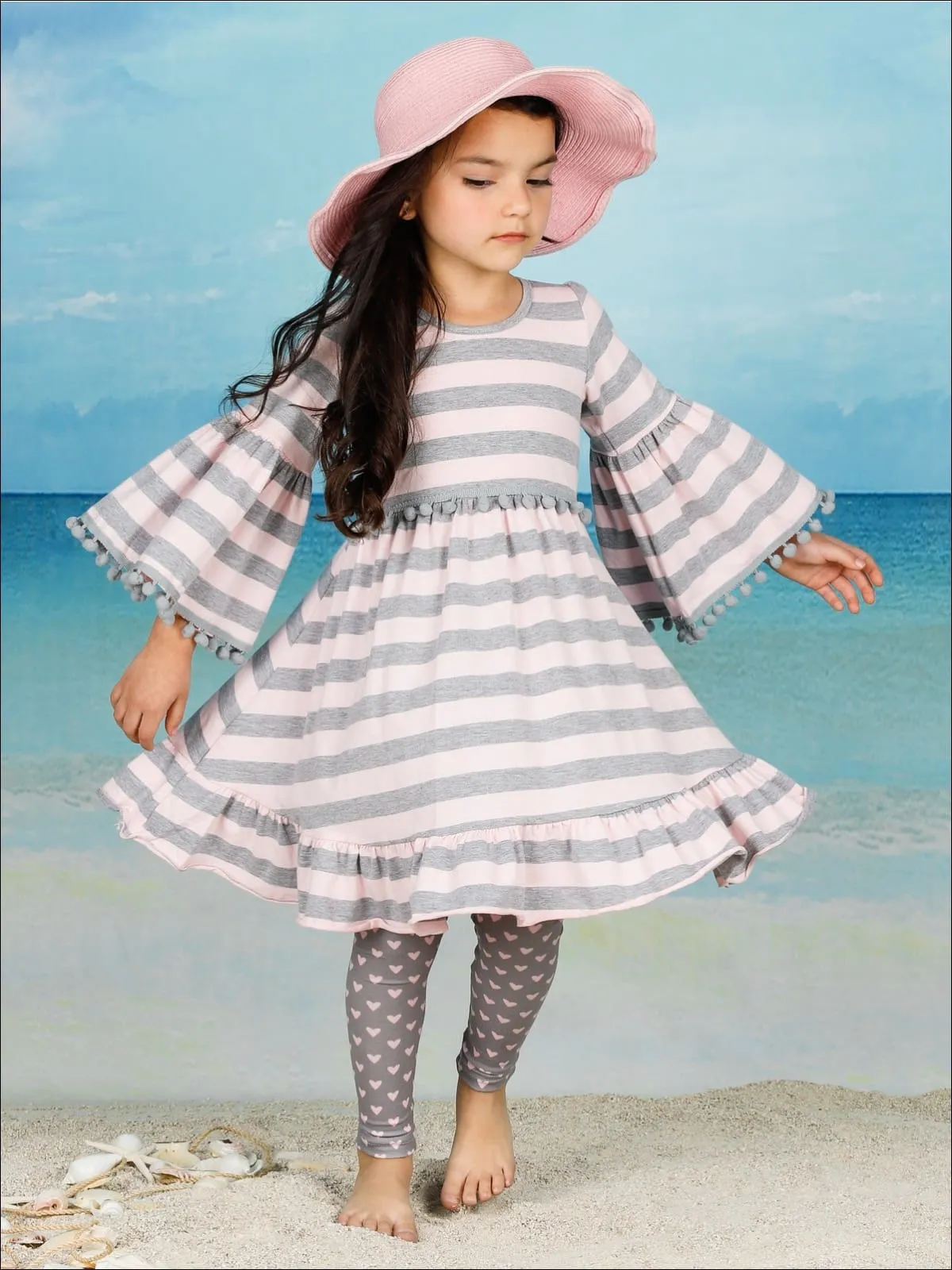 Girls Boho Sleeve Ruffled Trimmed Tunic And Printed Legging Set