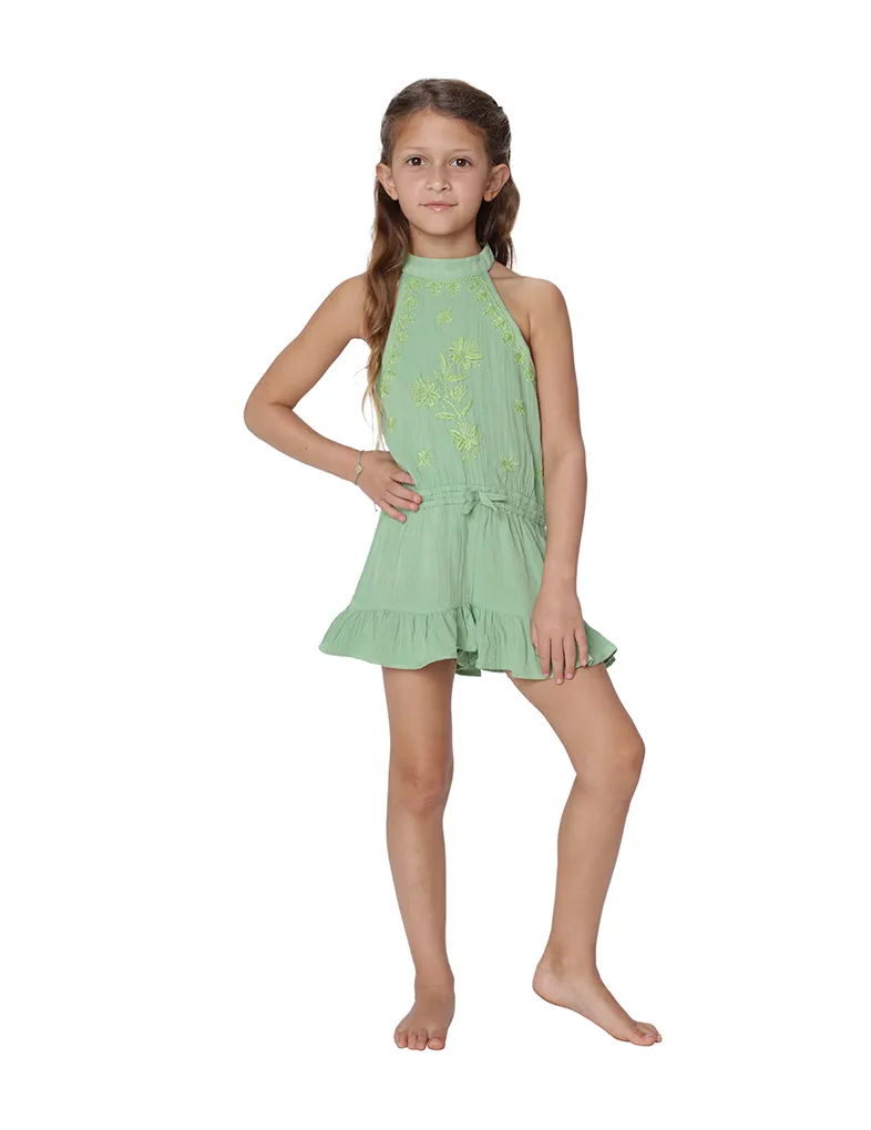 Girl's high neck embroidered romper cover up