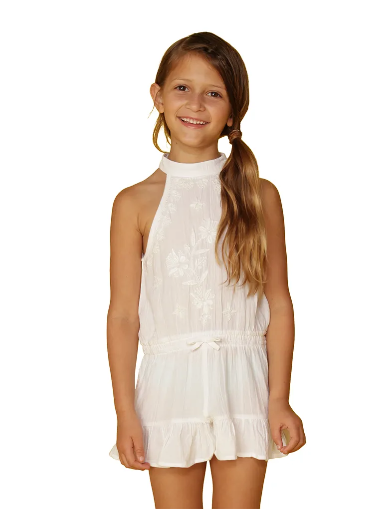 Girl's high neck embroidered romper cover up