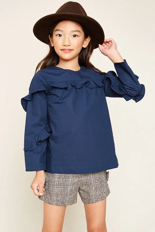 Girls Ruffled Navy Top