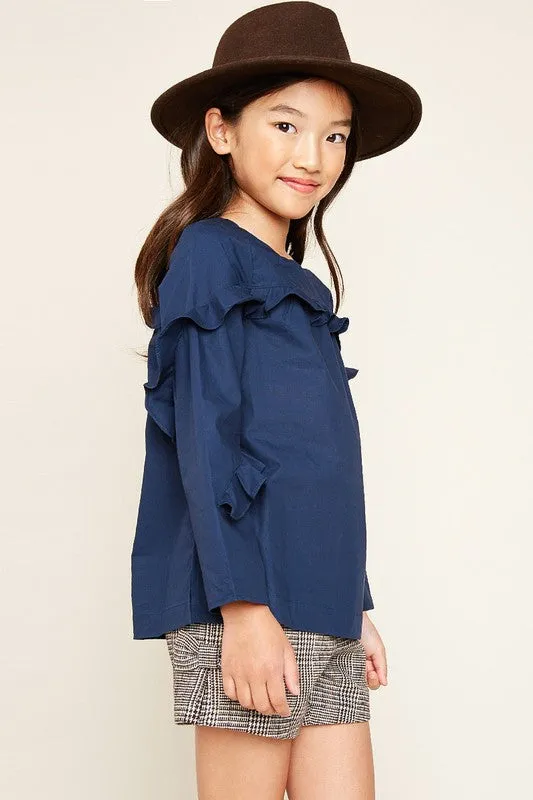 Girls Ruffled Navy Top