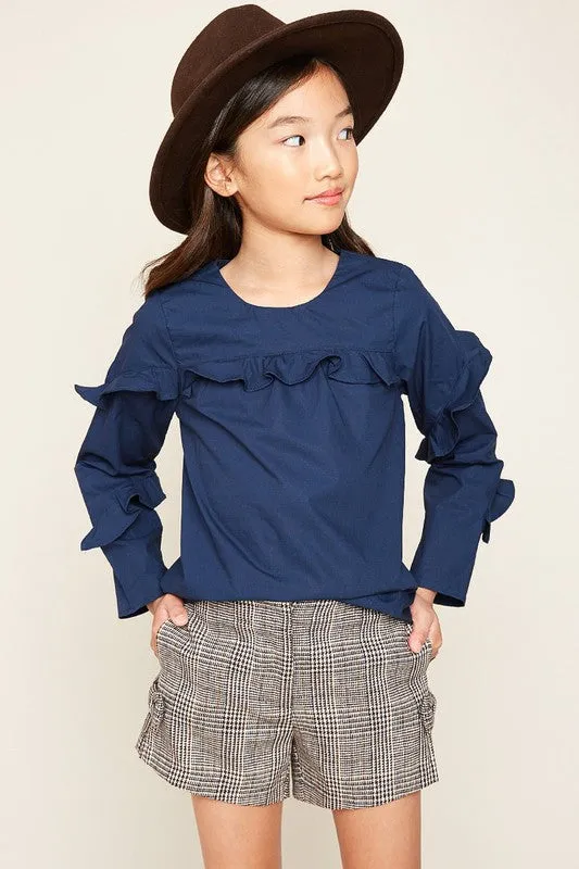 Girls Ruffled Navy Top